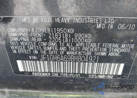 2011 Subaru Impreza 2.5I from USA, damaged, VIN JF1GH6A69BH804921